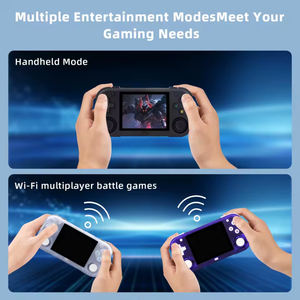 Gaming console with handheld mode and Wi-Fi multiplayer battle games on a blue background