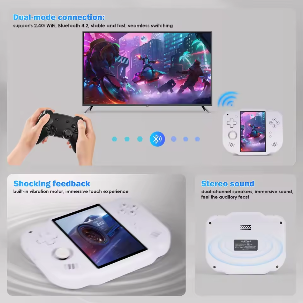 Gaming console with controller, TV, and speakers on a gray background