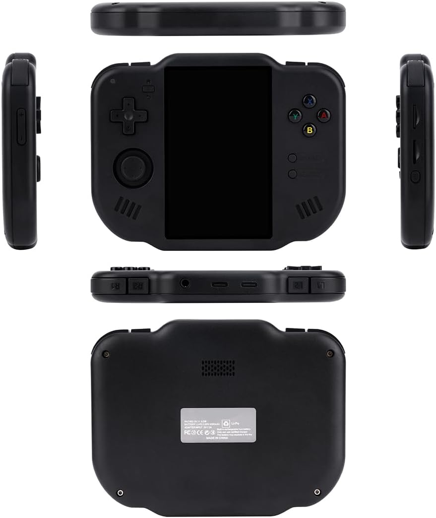 Black handheld gaming console from multiple angles on a white background
