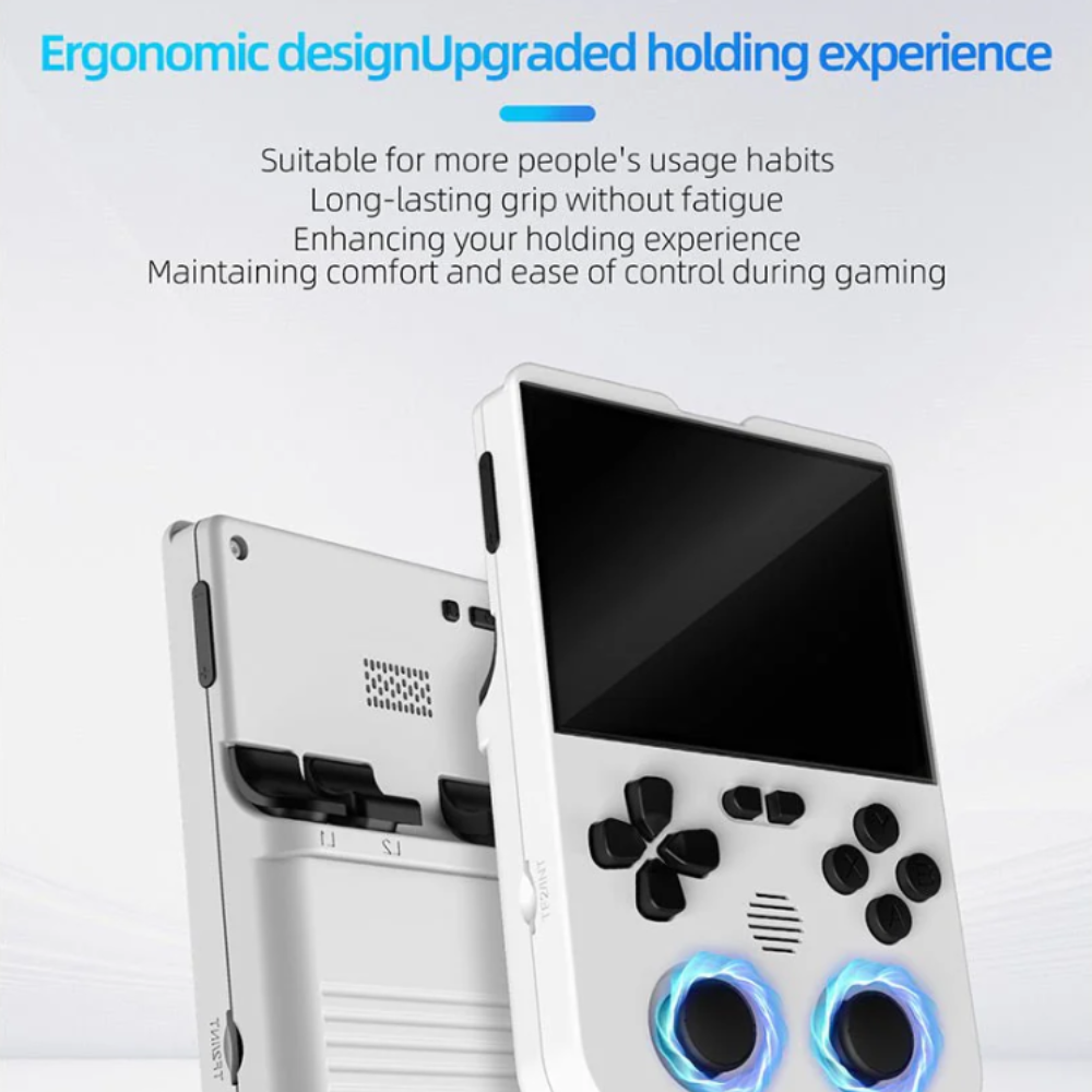 Handheld gaming console with ergonomic design features on a light gray background