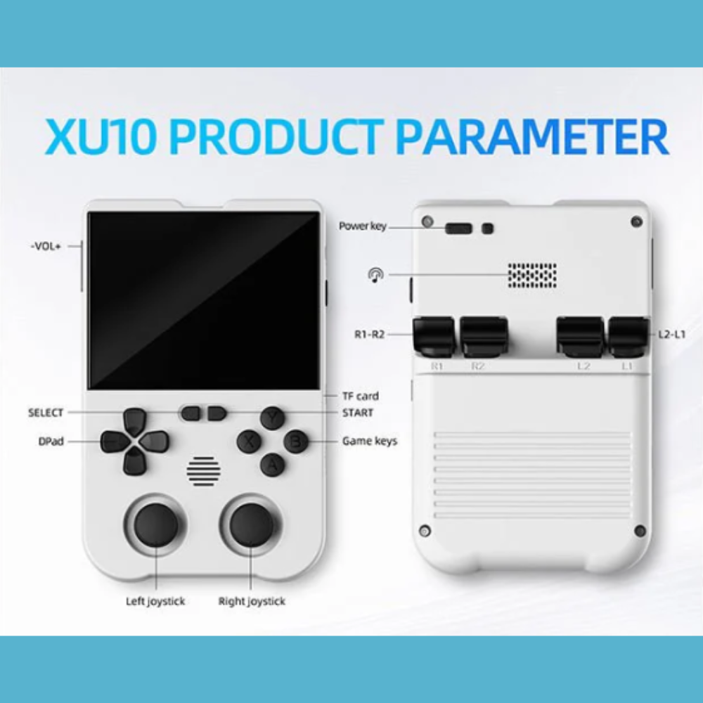 Handheld gaming console with labeled buttons and features on a blue and white background