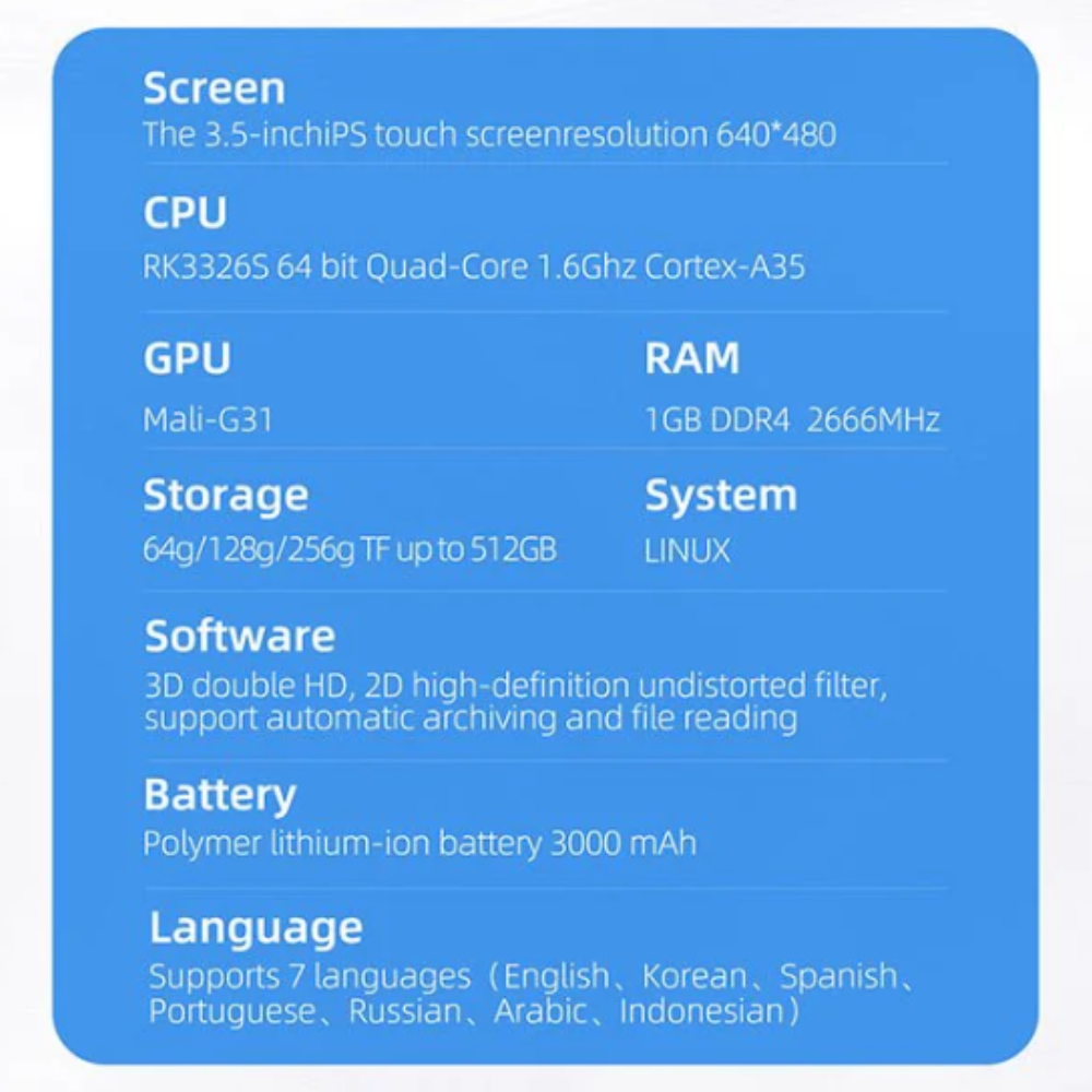 Technical specifications of a device displayed on a blue background