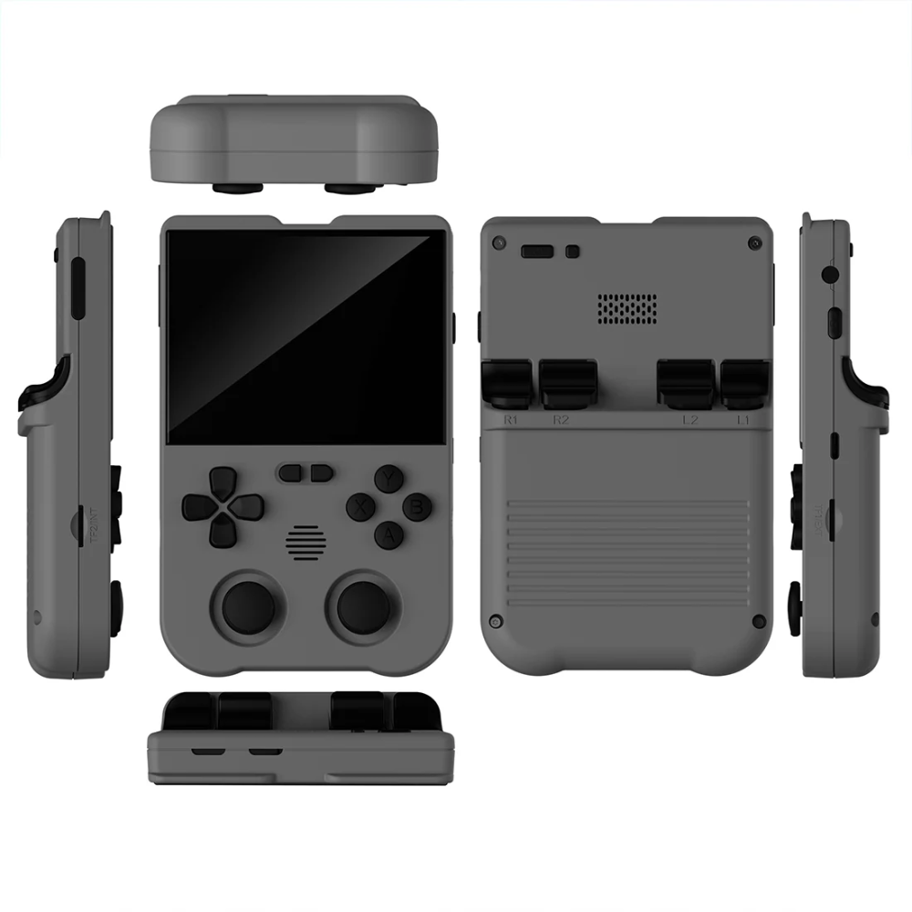 Black handheld gaming console with multiple views on a white background