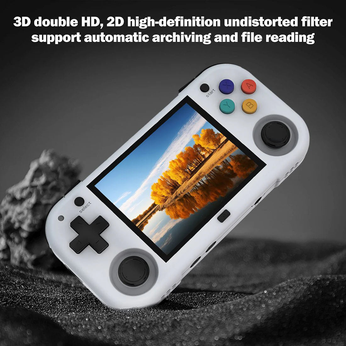 Handheld gaming console with screen displaying a scenic image on a dark background
