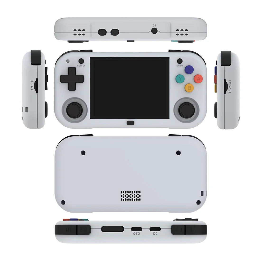 White handheld gaming console with multiple views on a white background