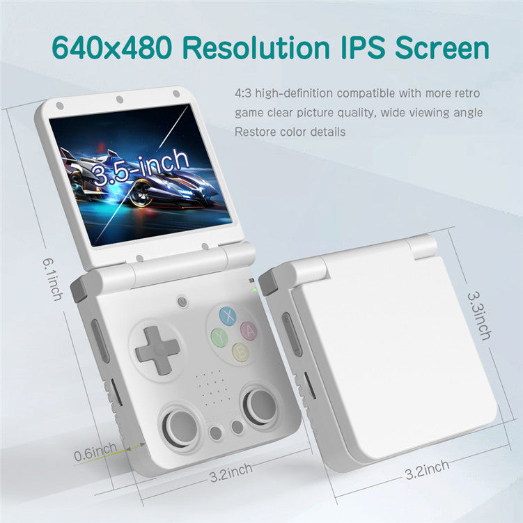 White handheld gaming console with screen displaying '3.5-inch' text, surrounded by technical specifications on a light gray background.