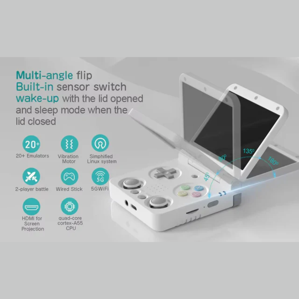 Gaming device with dual screens and controller on a gray background