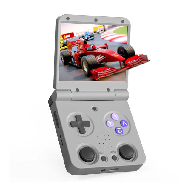 Gray handheld gaming console with screen displaying a racing game on a white background