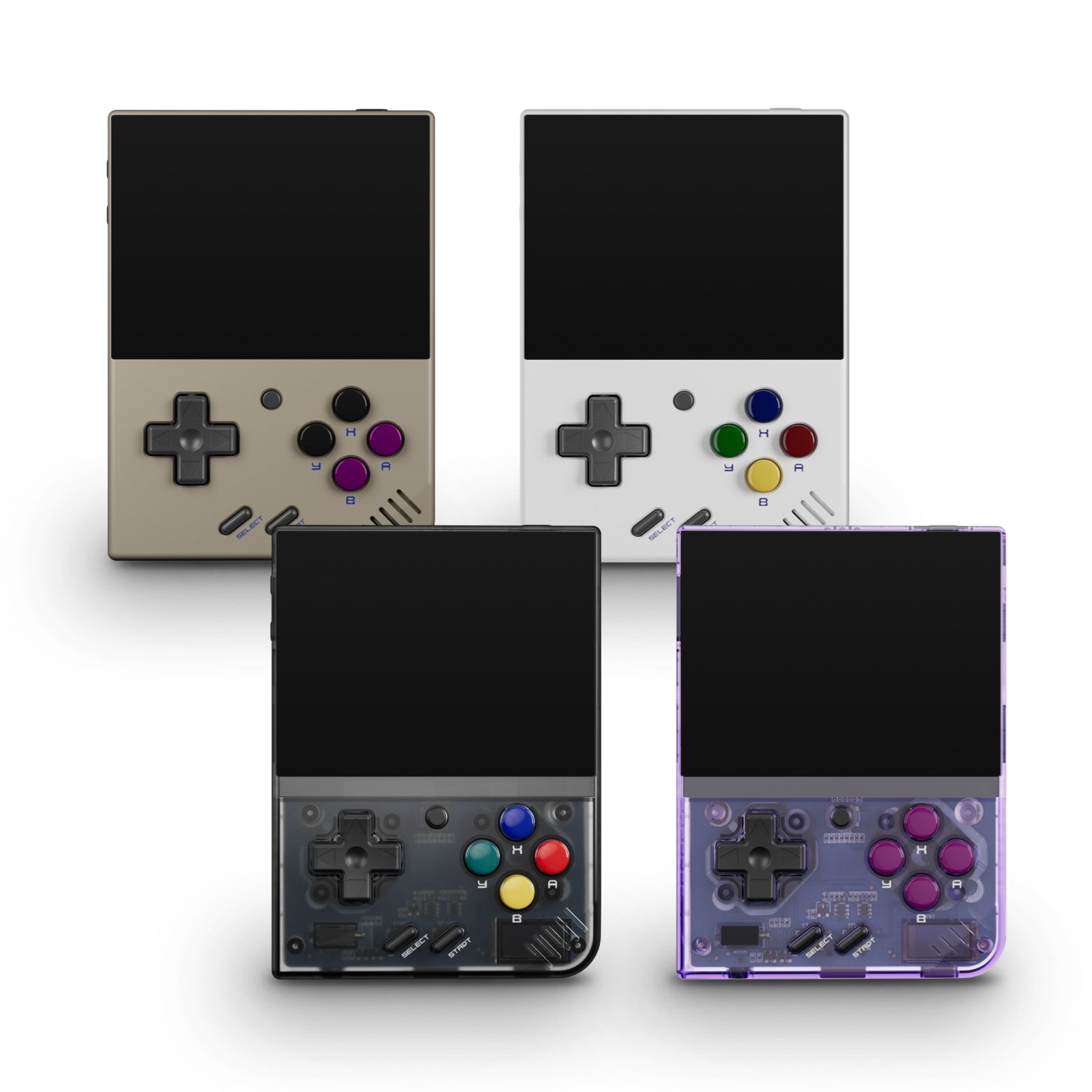Four handheld gaming consoles with different color schemes on a white background