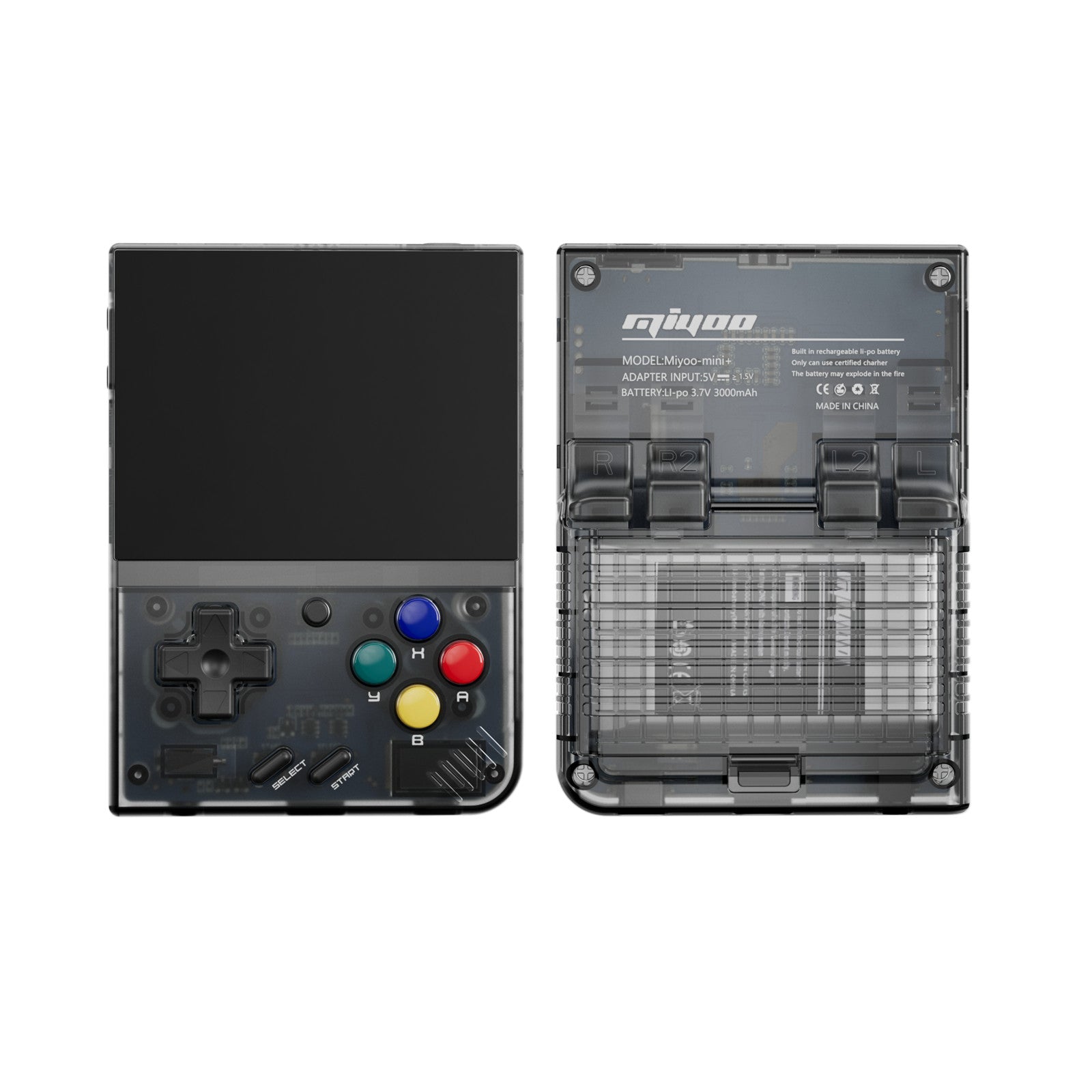 Handheld gaming console with front and back views on a white background