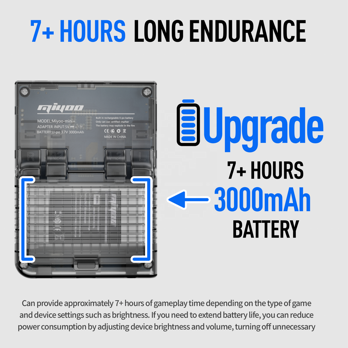 Battery pack with text highlighting 7+ hours long endurance and 3000mAh capacity on a gray background.