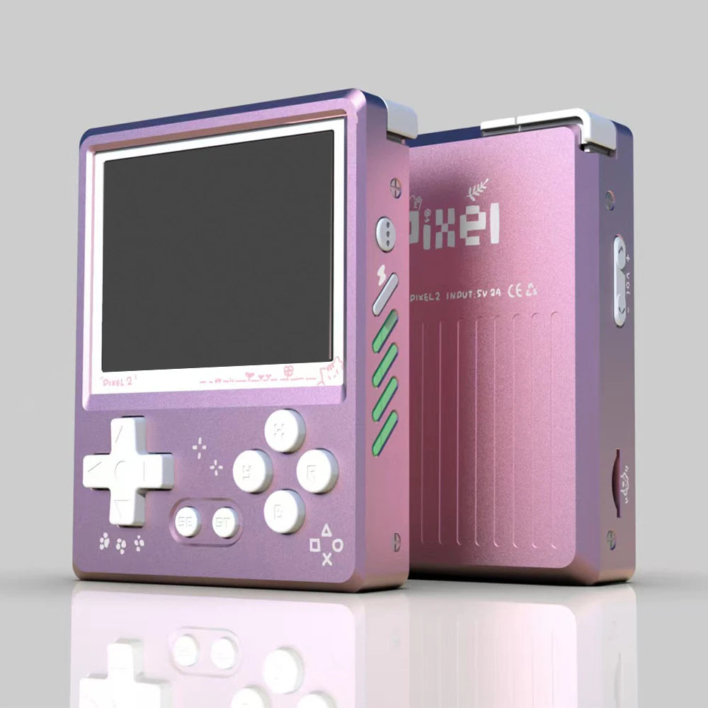 Pink GKD handheld gaming console with screen and control buttons on a light gray background