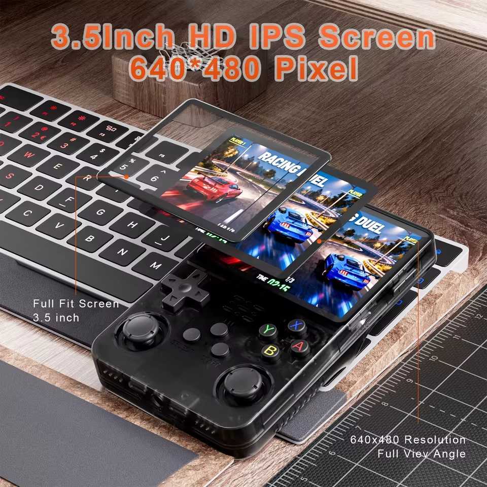 Gaming device with 3.5-inch HD IPS screen on a wooden surface