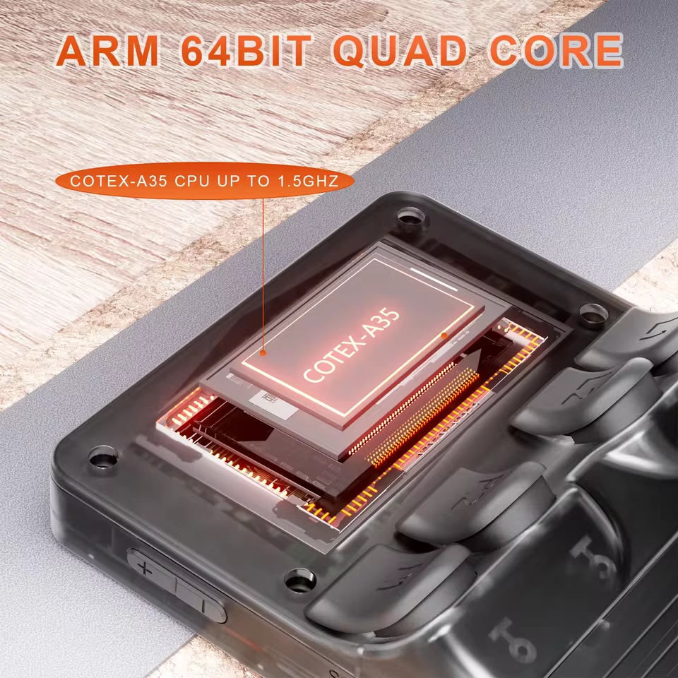 COTEX-A35 CPU module with ARM 64-bit quad-core text on a wooden surface