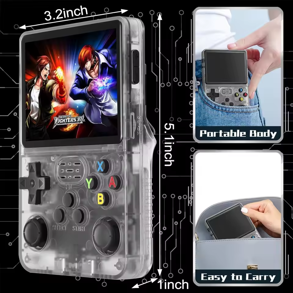Portable gaming console with screen displaying a game, showing dimensions and ease of carrying.