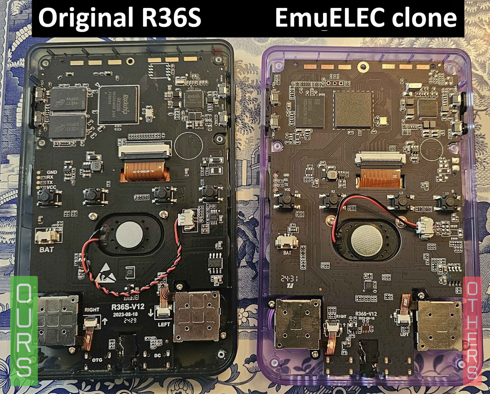 Two electronic circuit boards labeled 'Original R36S' and 'EmuELEC clone' on a patterned background.