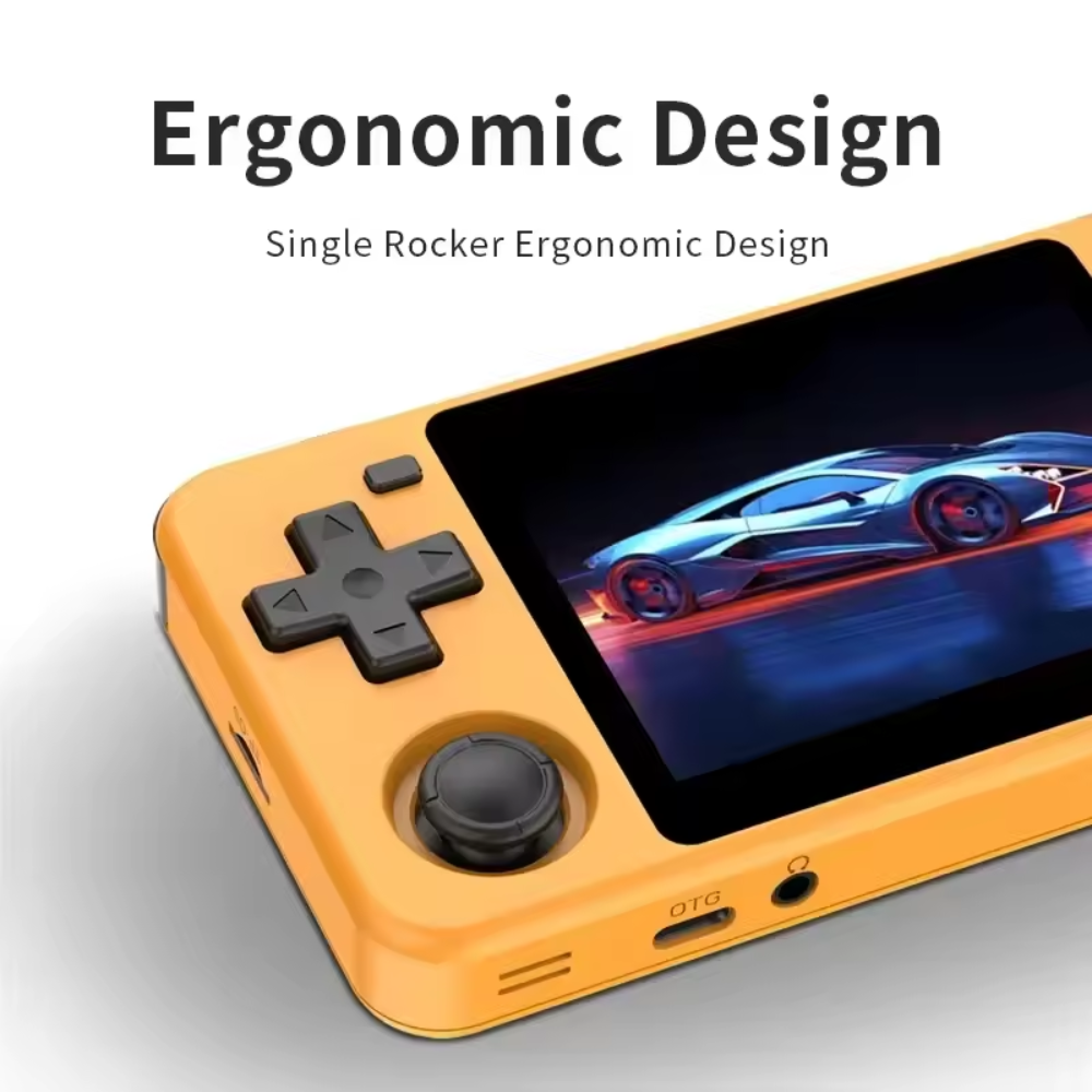 Handheld gaming console with ergonomic design on a gray background