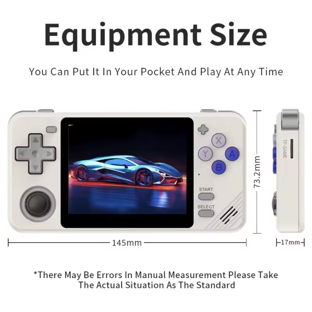 Handheld gaming device with screen displaying a car image, accompanied by dimensions on a white background.