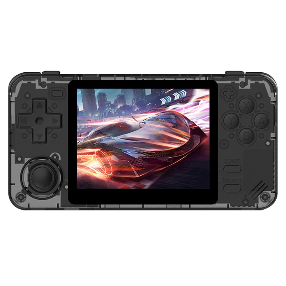 Handheld gaming console with a screen displaying a racing game on a white background