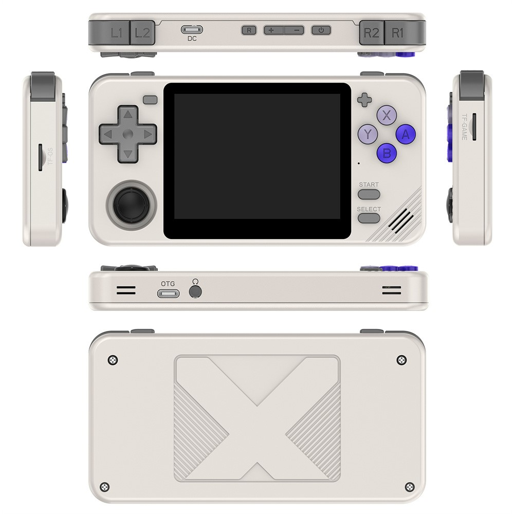 Handheld gaming console with multiple views on a white background
