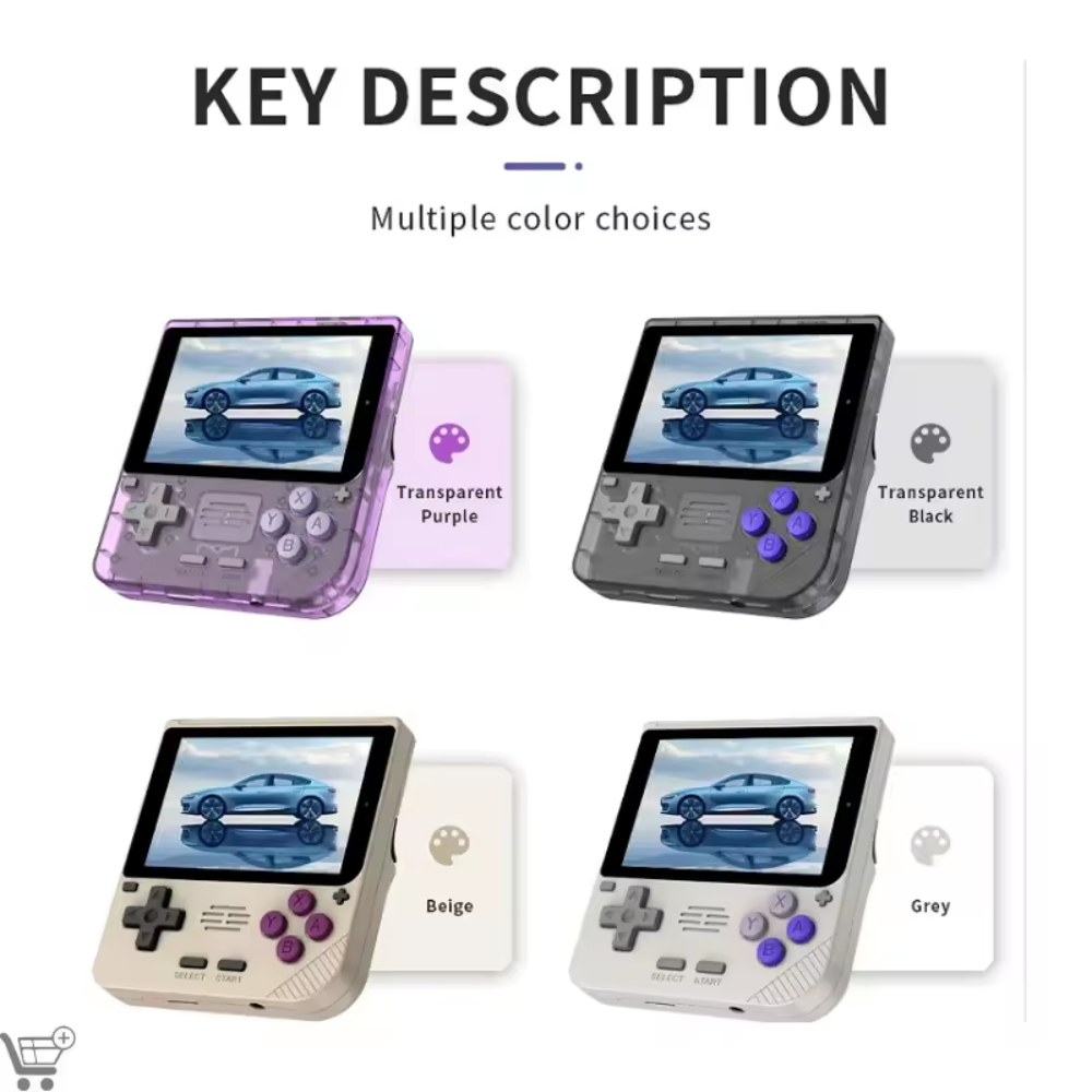 Handheld gaming consoles in different colors with transparent purple, black, beige, and gray finishes.