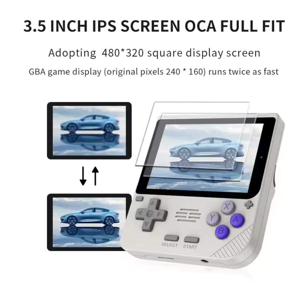 Handheld gaming console with 3.5 inch IPS screen displaying a car image.