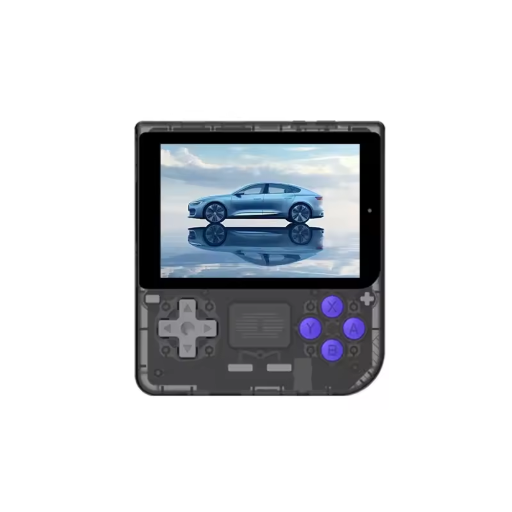 Handheld gaming console with a screen displaying a car on a white background