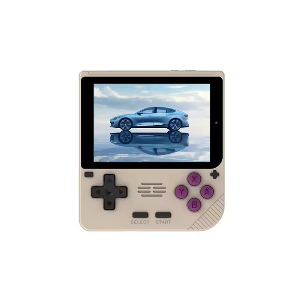 Handheld gaming console with a screen displaying a car on a white background