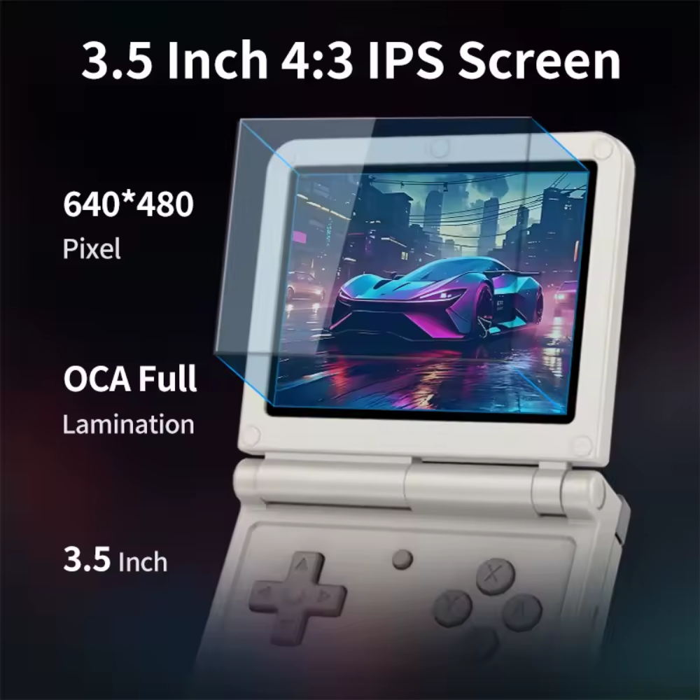Handheld gaming console with 3.5 inch 4:3 IPS screen displaying a car on a dark background.