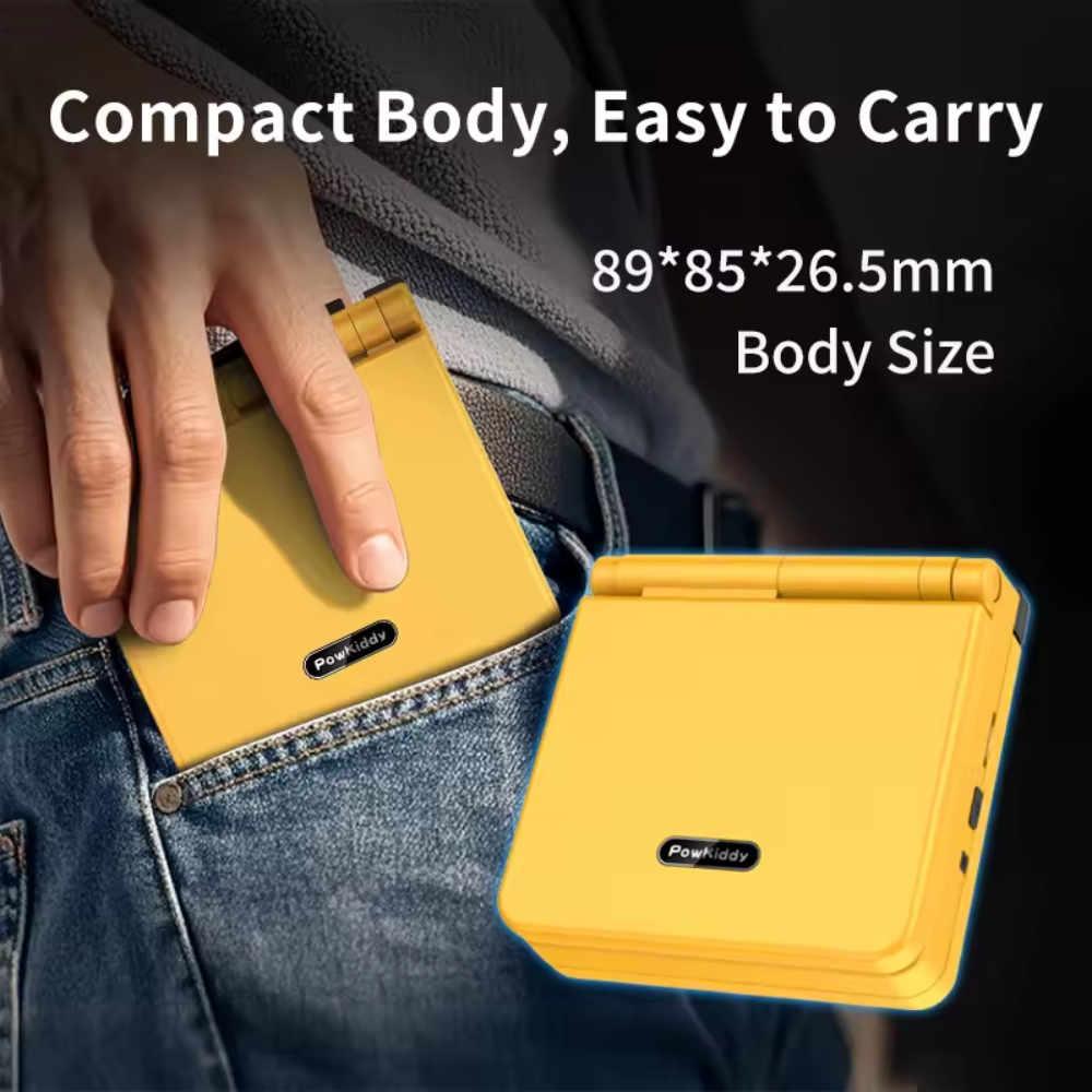 Yellow compact case held in a hand with text indicating size and portability.