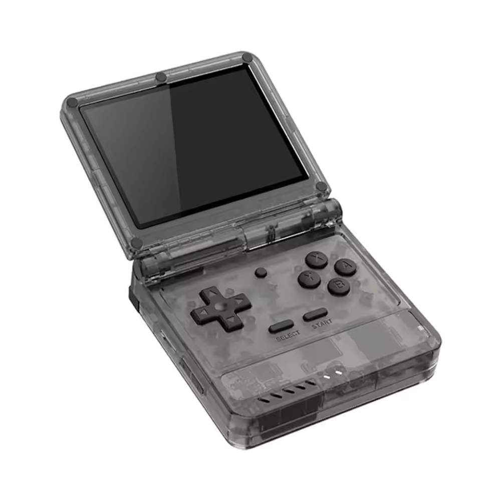 Transparent handheld gaming console with black buttons on a white background