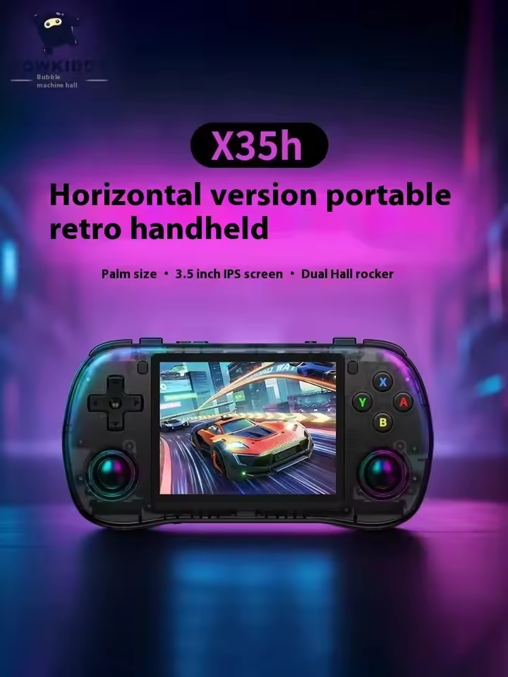 Portable retro handheld gaming console with screen displaying a game, on a dark background with purple lighting.