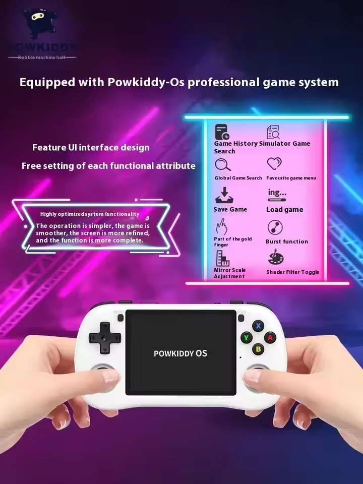 Game console with Powkiddy OS branding on a purple background