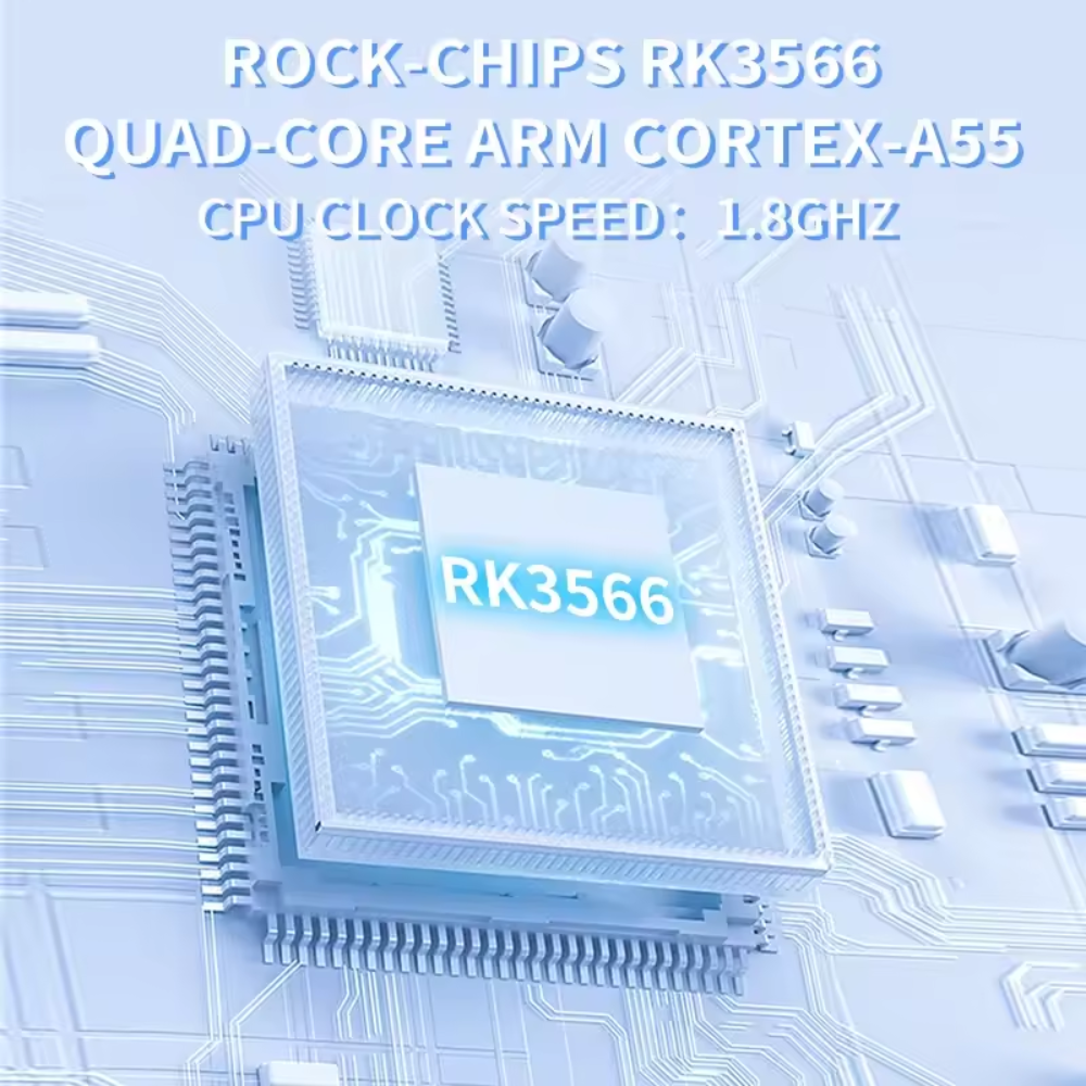 Rock-Chips RK3566 quad-core ARM Cortex-A55 CPU on a circuit board with text overlay.