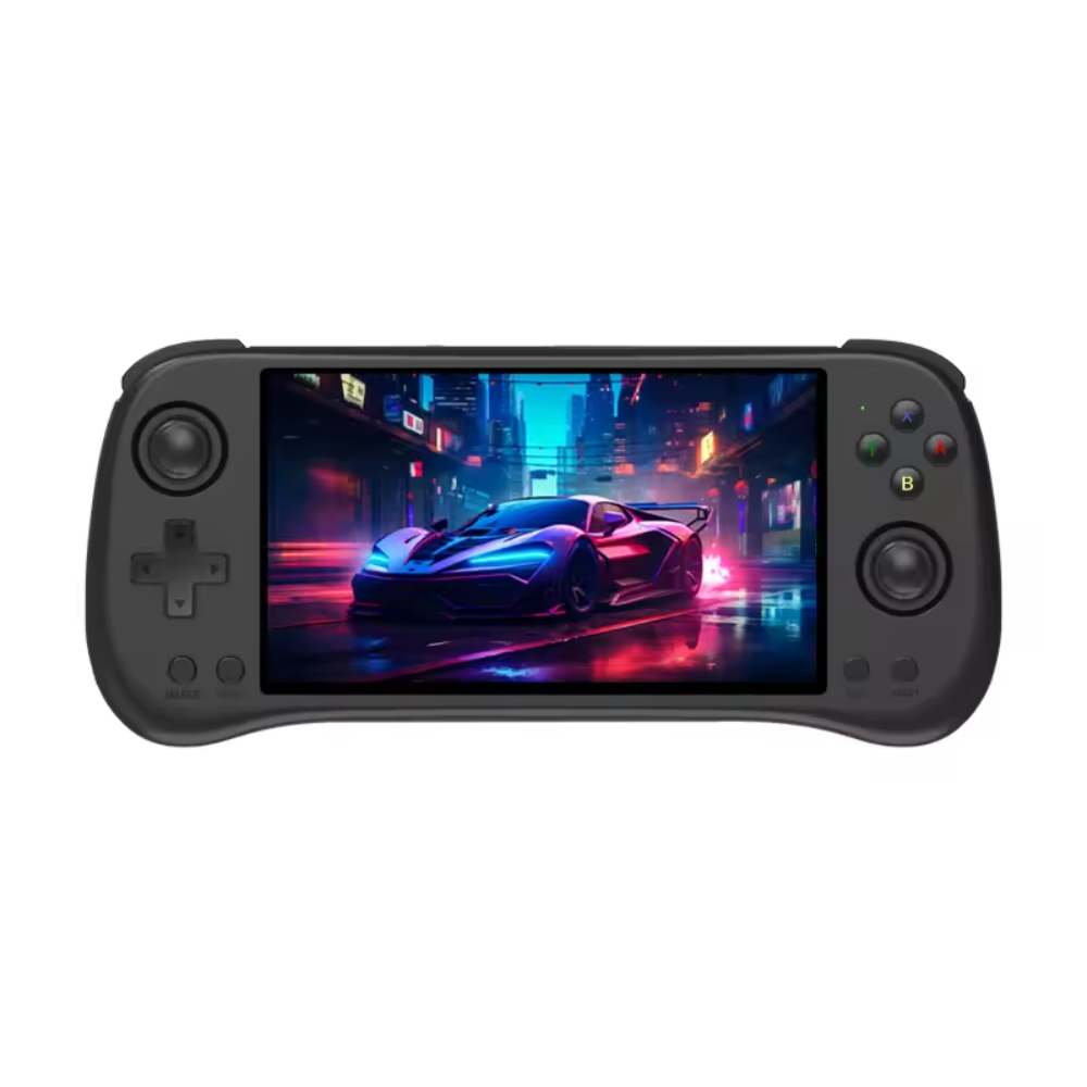 Handheld gaming console with a screen displaying a car in a neon-lit cityscape.