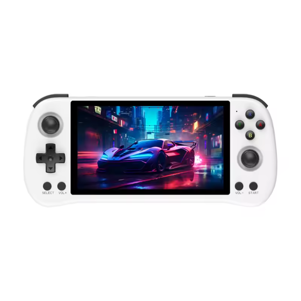 White gaming console controller with screen displaying a car in a neon-lit cityscape.
