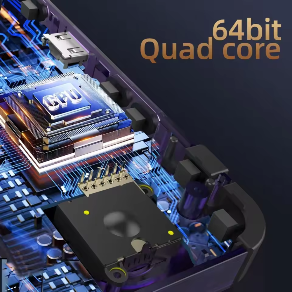 Close-up of a computer motherboard with '64bit Quad core' text on a dark background