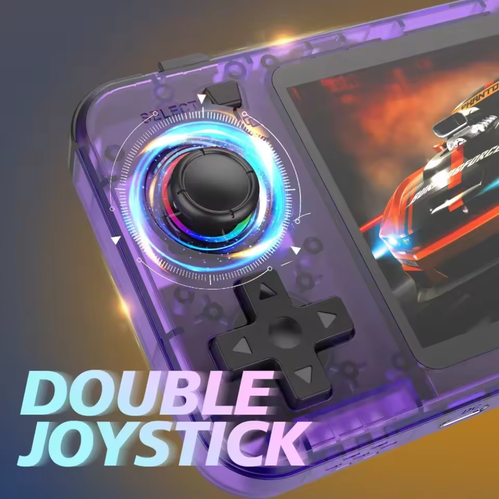 Handheld gaming console with double joystick and colorful display, featuring a racing game.