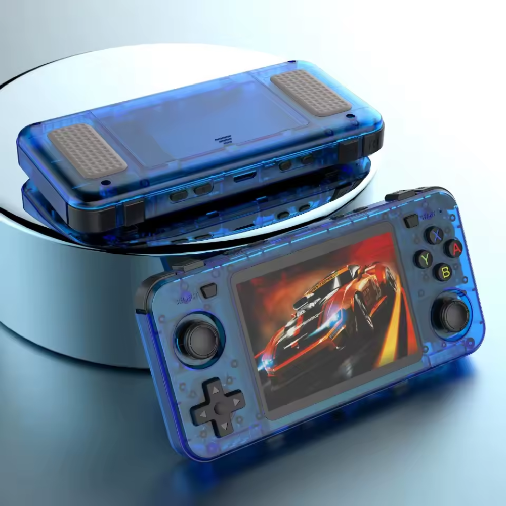 Handheld gaming console with transparent blue casing on a reflective surface