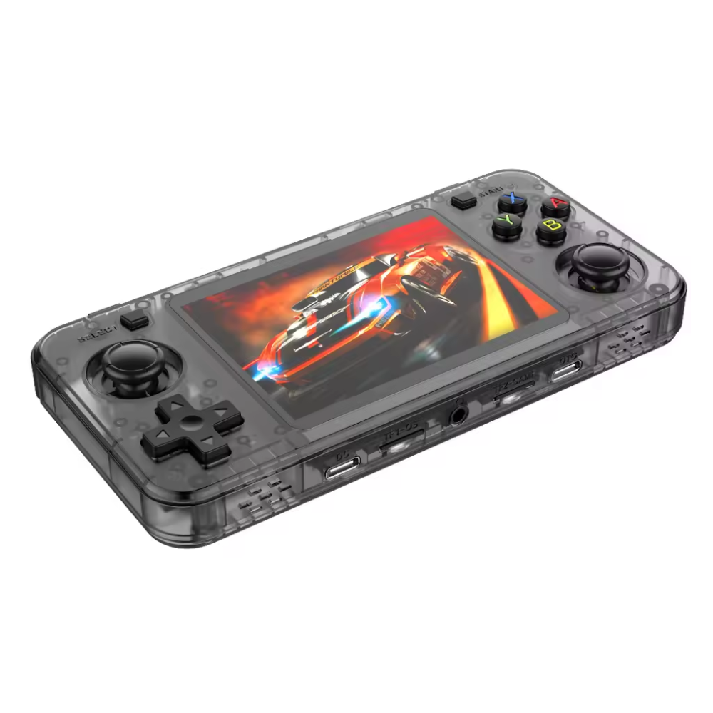 Handheld gaming console with transparent casing on a white background