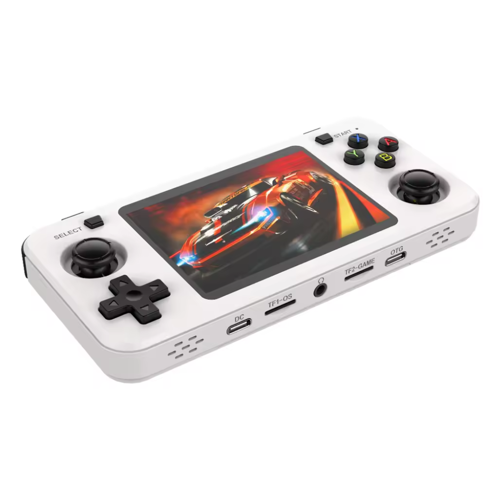 Handheld gaming console with screen displaying a racing game on a white background