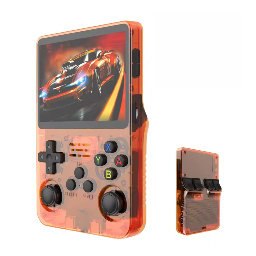 Handheld gaming console with retro design, featuring a screen displaying a racing game.