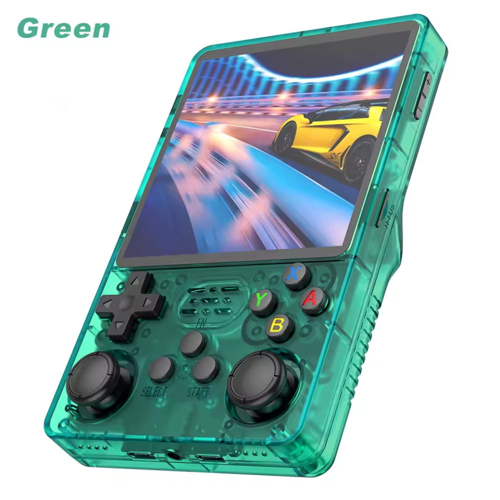 Green handheld gaming console with screen displaying a racing game on a white background