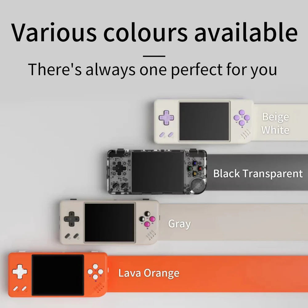 Four different colored handheld gaming consoles on a gray background with text indicating color options.