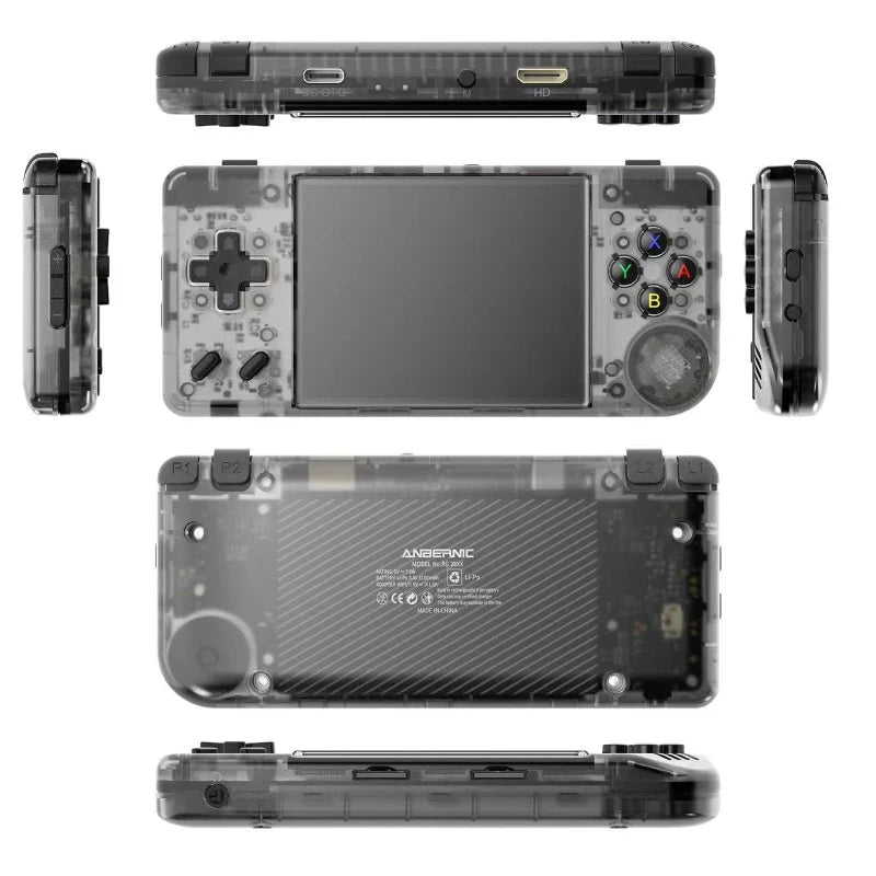 Top-down view of a handheld gaming console with multiple angles shown on a white background.
