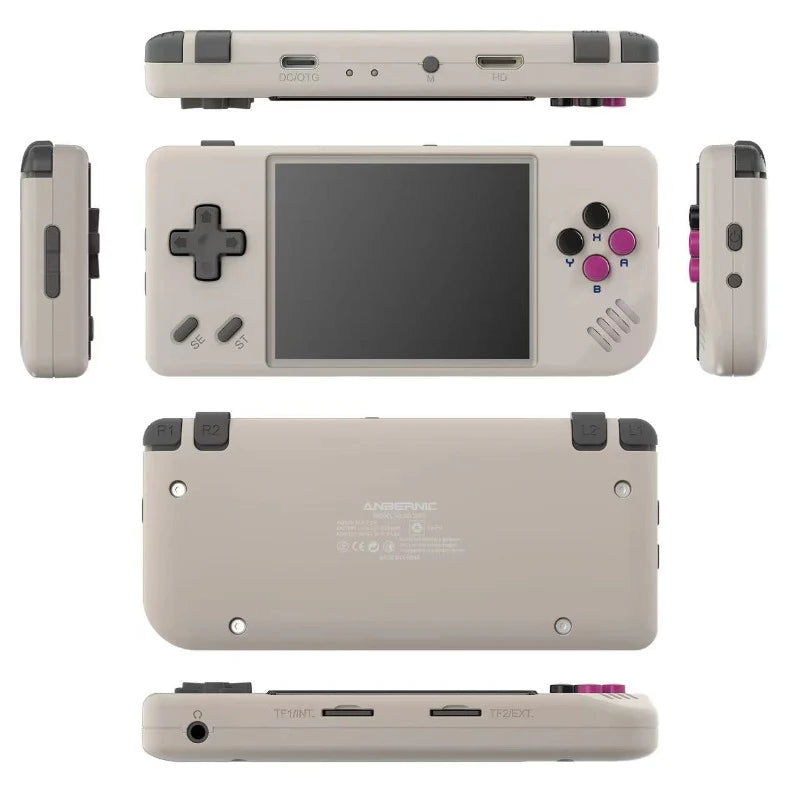 Handheld gaming console with multiple views on a white background