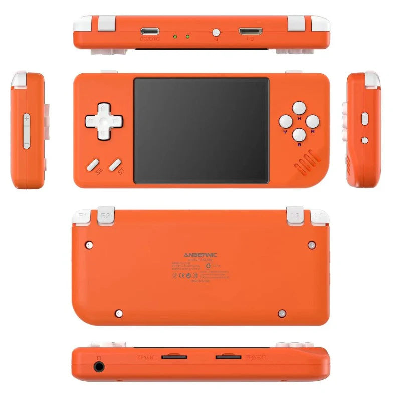 Orange handheld gaming console shown from multiple angles on a white background