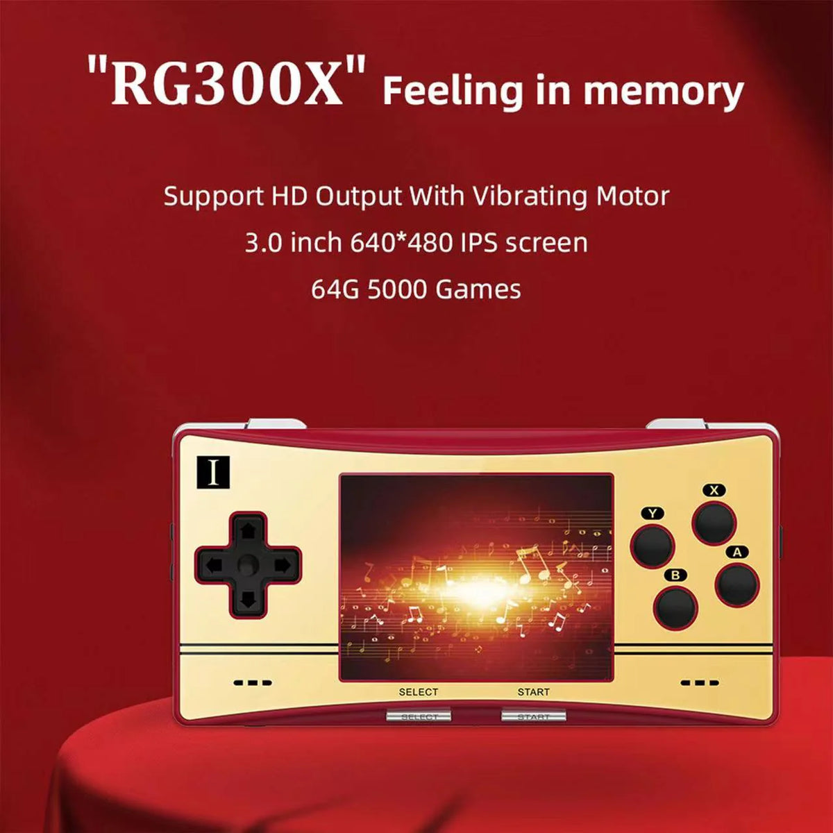 Handheld gaming console with screen displaying game graphics on a red background, featuring text about its specifications.