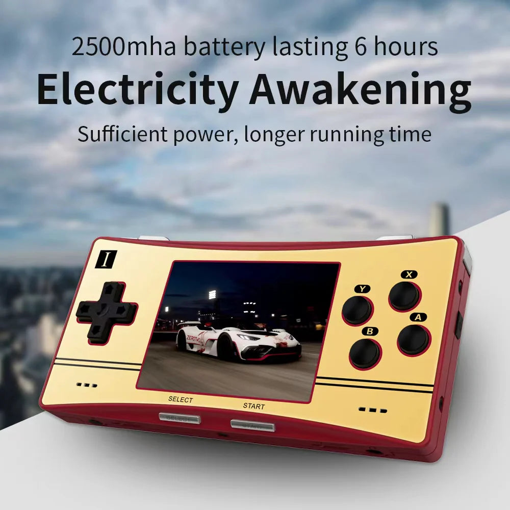 Handheld gaming console with screen displaying a racing game, against a blurred cityscape background.