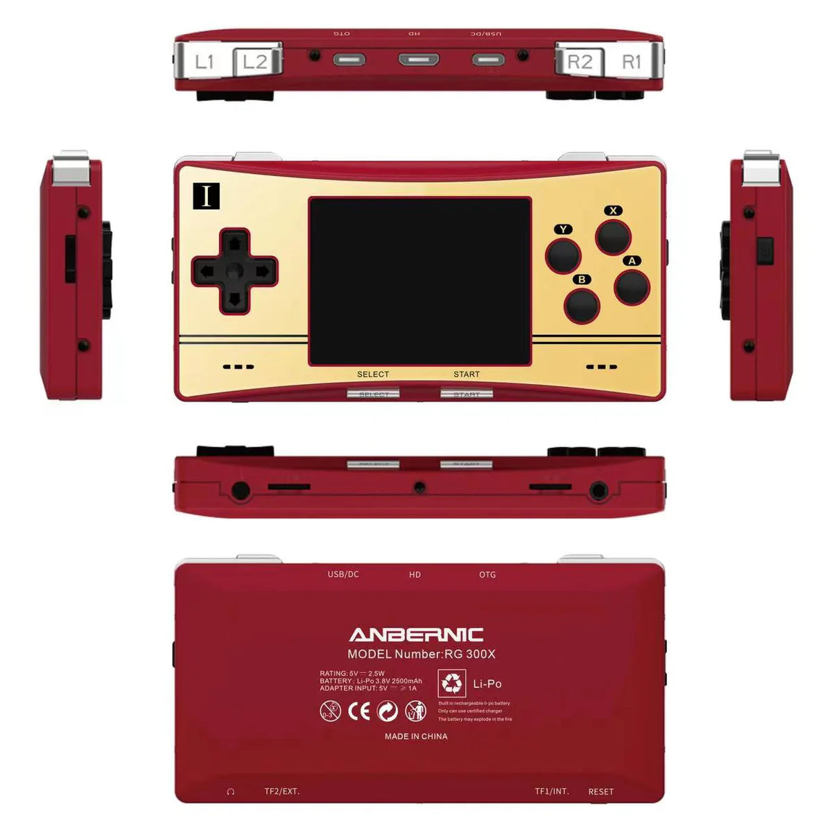 Red and beige handheld gaming console with multiple views on a white background